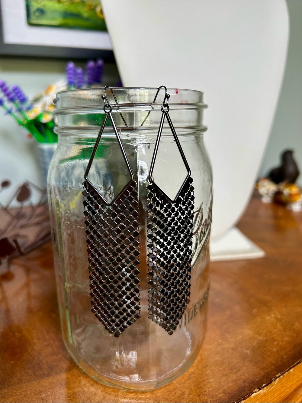 Mesh Fringe Dangle Earrings in Gunmetal Black